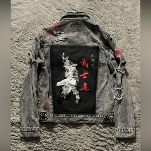 Gray Distressed Denim Jacket with Graphic Patch